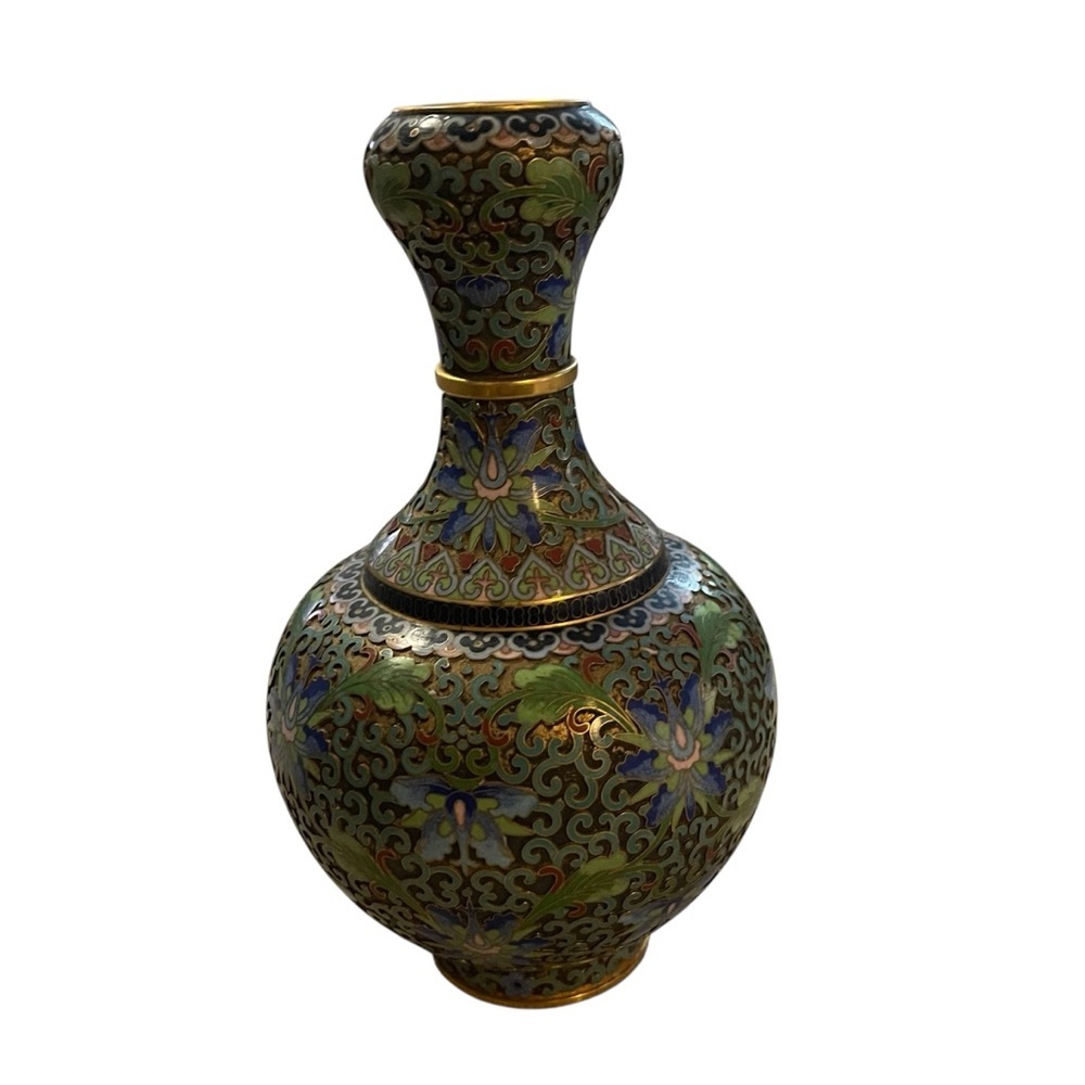 Vintage Chinese Cloisonne  Enamel 9" Garlic Head Vase Gilt Open Work Background